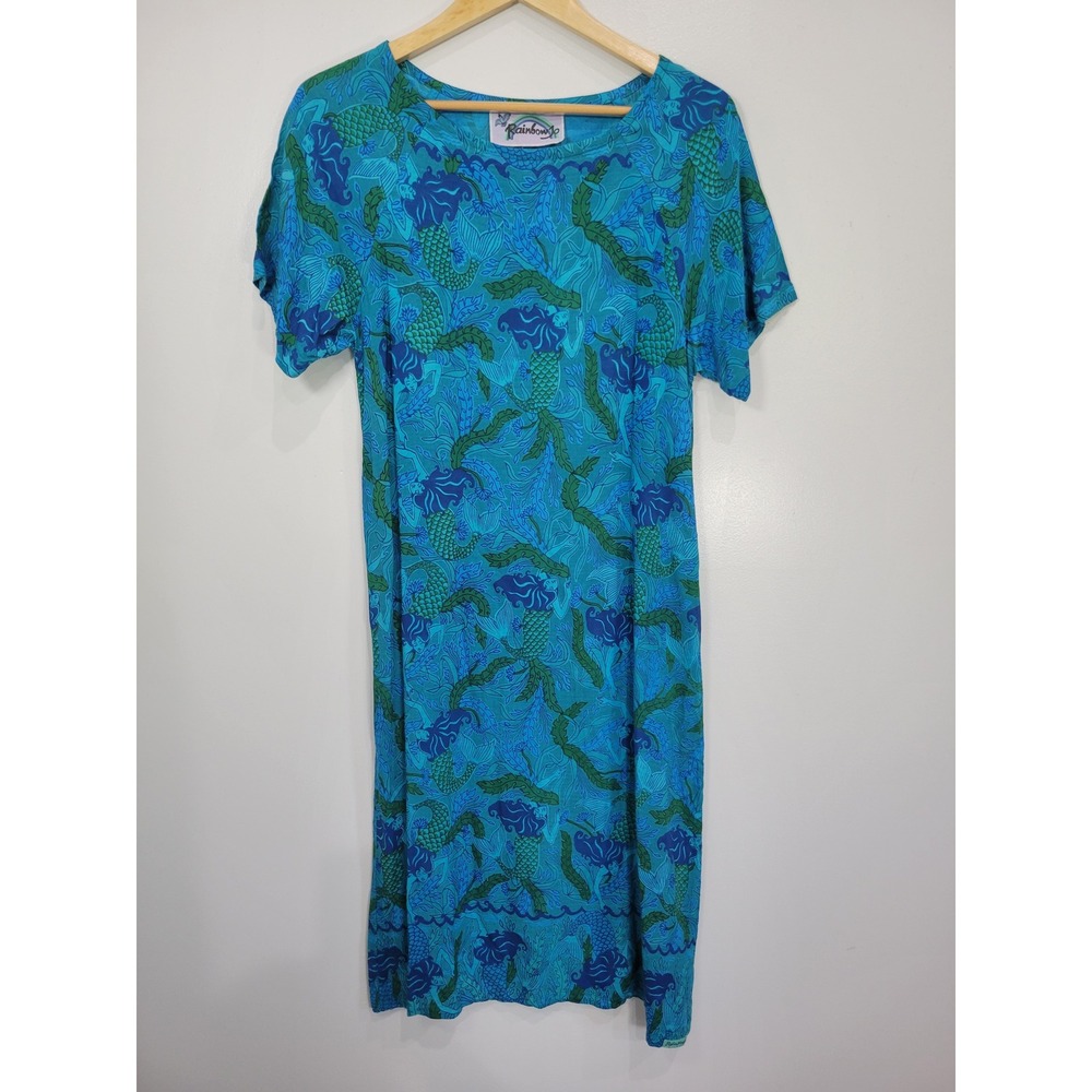 Rainbow Jo Womens Mermaid Print Rayon Shift Dress Blue Green Pockets Medium